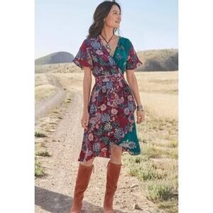 Sundance V Neck Short Sleeve Paisley Print Faux Wrap Dress Brown/Coral size PXL